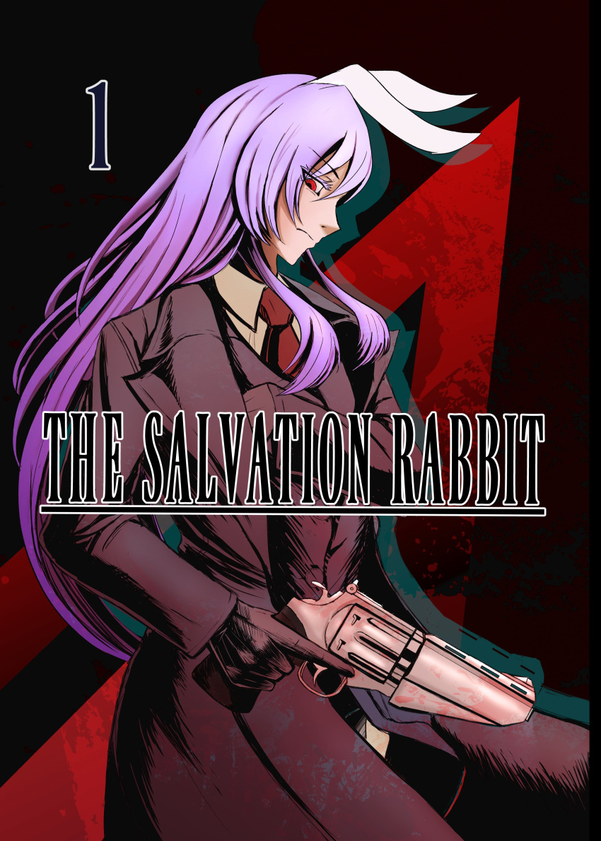 1girl absurdres animal_ears black_gloves coat collared_shirt cover cover_page cropped_legs english_text formal gloves gun highres light_purple_hair long_hair long_sleeves looking_at_viewer looking_to_the_side necktie overcoat purple_hair rabbit_ears reaching red_background red_eyes red_necktie reisen_udongein_inaba revolver shirt solo splatter splatter_background suit suit_jacket title touhou trigger_discipline weapon weedhollow_(dokuran)