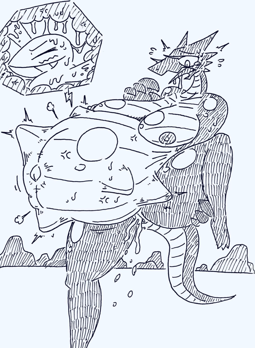 ambiguous_gender amphibian amphibian_humanoid animal_humanoid anthro areola belly big_belly big_breasts bodily_fluids breasts claws duo eyelashes eyes_closed female genital_fluids genitals hage hi_res horn humanoid hyper hyper_belly imminent_explosion internal monochrome navel nipples open_mouth outie_navel pussy pussy_juice salamander_humanoid saliva scalie smoke tears thick_thighs tongue tongue_out two_tone_scalie two_tone_tail unbirthing vaginal vein vore