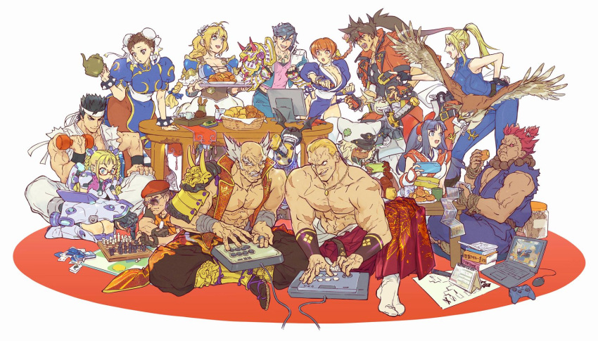 6+boys 6+girls ainu_clothes akuma_(street_fighter) arcade_stick area_(street_fighter) arm_wrap armor beads belt bird black_hair blonde_hair blue_dress blue_eyes board_game bodysuit book bow bracelet braid breasts brown_eyes brown_hair bun_cover character_request chess chessboard china_dress chinese_clothes chun-li clover computer controller copyright_request corset cross_scar crossover dark-skinned_female dark-skinned_male dark_skin dead_or_alive dog_tags double_bun dougi dress eating exercise facial_hair fatal_fury fighting_game final_fight fingerless_gloves food game_controller geese_howard glasses gloves guilty_gear guilty_gear_strive hair_bun hair_slicked_back hakama halterneck handheld_game_console hat hat_with_ears hawk headband high_ponytail highres indian_style jacket japanese_armor japanese_clothes jewelry joystick kasumi_(doa) katana laptop large_breasts long_hair lucifero mamahaha mishima_heihachi mouse_(computer) multiple_boys multiple_girls muscular muscular_male mustache nakoruru necklace open_clothes open_mouth open_vest pantyhose pelvic_curtain playing_games playstation_portable ponytail power_armor prayer_beads puffy_short_sleeves puffy_sleeves ramlethal_valentine red_bow red_eyes red_hair rolento samurai_spirits sash scar short_hair short_sleeves shoulder_armor sidelocks sitting sleeveless smile sneer sode sol_badguy spiked_bracelet spiked_hair spikes street_fighter street_fighter_ex_(series) suneate sunglasses sword tabi table takayuki_nakayama tekken thighhighs topknot topless_male tournament_bracket twin_braids twintails very_long_hair vest virtua_fighter wariza weapon weightlifting white_thighhighs widow's_peak yuki_akira