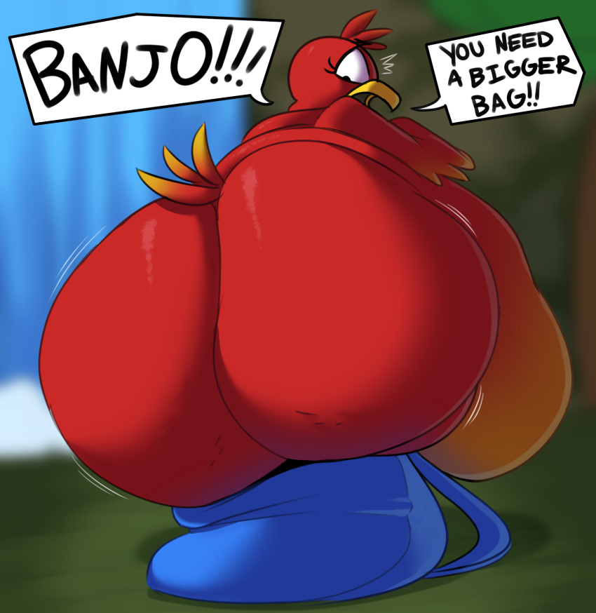 anthro avian backpack banjo-kazooie beak belly big_belly big_butt bird breegull butt chipchell english_text exclamation_point female hi_res huge_butt hyper hyper_belly hyper_butt kazooie looking_back nude obese obese_anthro obese_female open_beak open_mouth overweight overweight_anthro overweight_female rareware red_body solo speech_bubble text video_games yelling