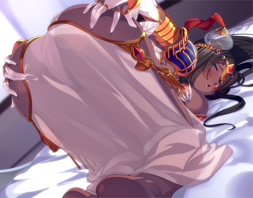 1girl 846-gou aqua_eyes armlet ass barefoot bent_over black_hair breasts cameltoe circlet curvy dark-skinned_female dark_skin deep_skin fate/grand_order fate_(series) female_pubic_hair from_behind full_body harem_outfit hat jewelry large_breasts lipstick long_hair looking_at_viewer makeup on_bed open_mouth pubic_hair ring scheherazade_(fate) see-through see-through_skirt skindentation skirt solo spread_ass very_long_hair