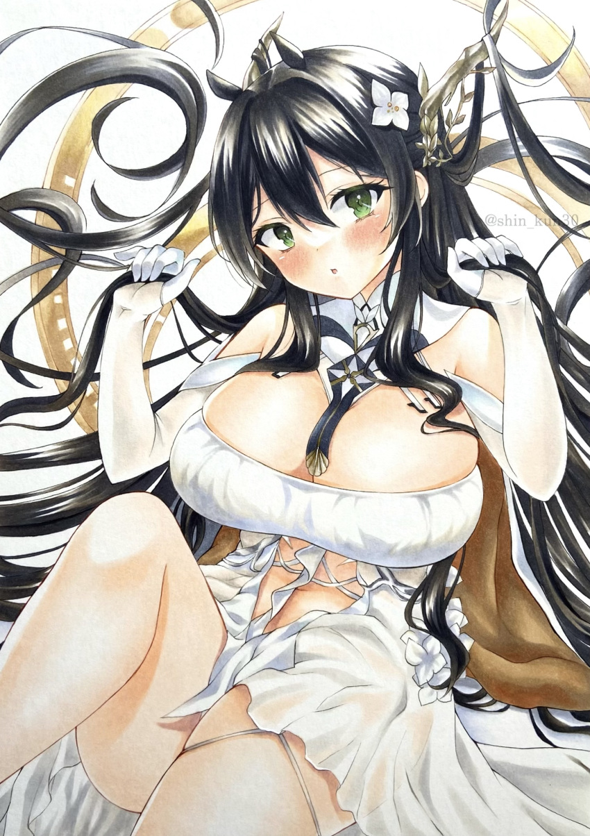 1girl azur_lane between_breasts black_hair breasts commentary detached_collar dress elbow_gloves flower gloves green_eyes hair_between_eyes hair_flower hair_on_horn hair_ornament highres horns huge_breasts indomitable_(azur_lane) long_hair marker_(medium) shin_kun30 simple_background skindentation solo strap_between_breasts traditional_media very_long_hair white_background white_dress white_flower