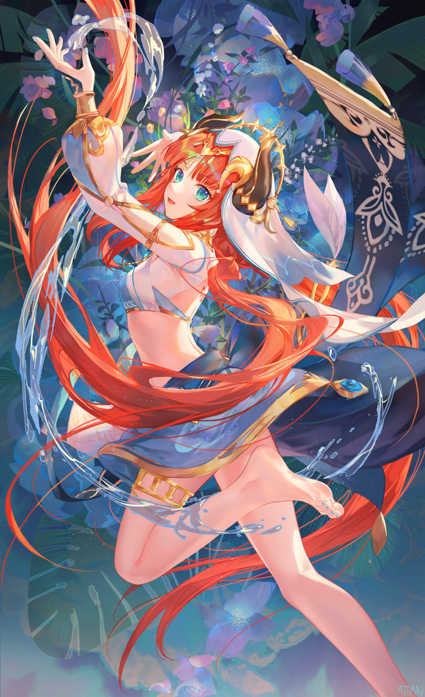 1girl arms_up atdan bangs bare_legs barefoot blue_eyes blue_nails blue_skirt crop_top feet floating_hair foot_out_of_frame genshin_impact highres horns long_hair long_sleeves low_twintails nail_polish nilou_(genshin_impact) open_mouth orange_hair puffy_long_sleeves puffy_sleeves skirt smile solo thighlet toenail_polish toenails toes twintails veil very_long_hair