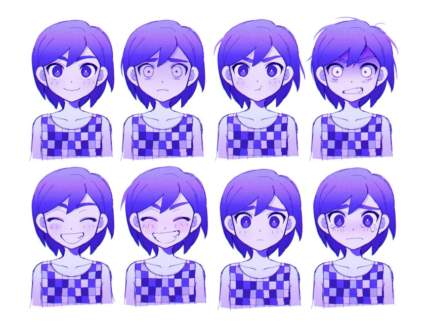 1boy angry blush bright_pupils closed_eyes closed_mouth collarbone colored_skin crying crying_with_eyes_open expressions facing_viewer grin highres kbs_omo kel_(omori) looking_at_viewer omori parted_lips pout pouty_lips purple_eyes purple_hair sad short_hair simple_background smile tears teeth white_background white_pupils white_skin