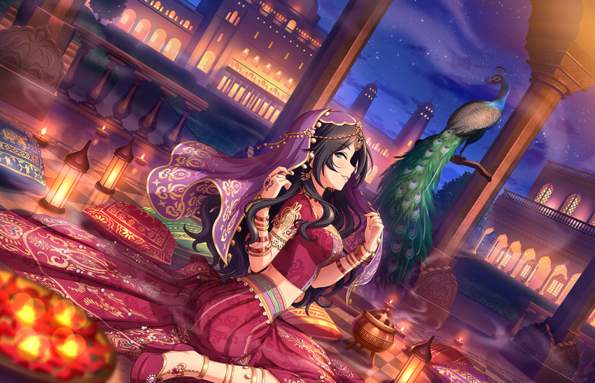 1girl alternate_costume alternate_hairstyle animal arabian_clothes artist_request bird black_hair blush bracelet earrings hair_down idolmaster idolmaster_cinderella_girls idolmaster_cinderella_girls_starlight_stage jewelry long_skirt looking_at_viewer necklace night night_sky official_art parted_lips peacock sitting skirt sky smile solo sugisaka_umi tsurime veil