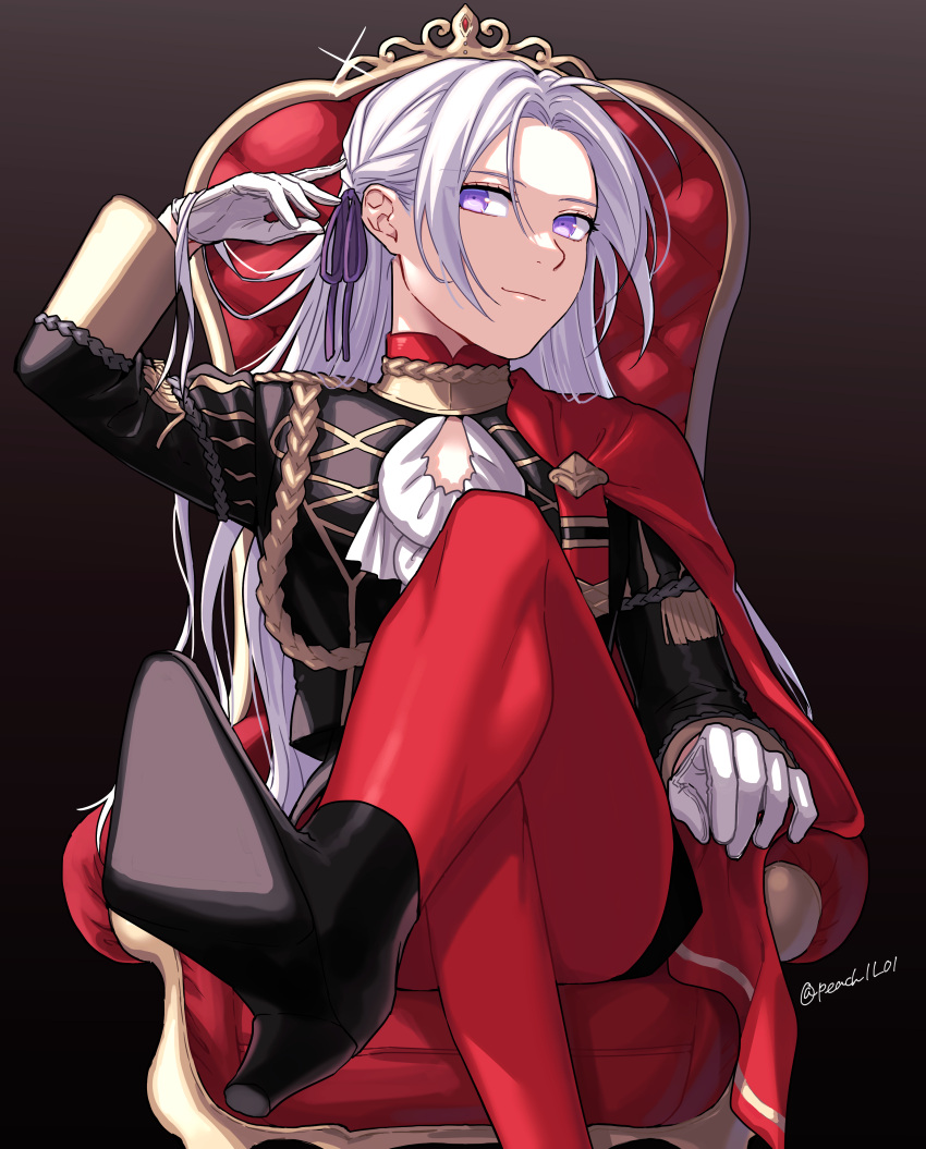 1girl absurdres aiguillette bangs black_background black_footwear black_shirt breasts capelet chair closed_mouth commentary crossed_legs edelgard_von_hresvelg fire_emblem fire_emblem:_three_houses foot_out_of_frame garreg_mach_monastery_uniform gloves hair_ribbon hands_in_hair high_heels highres long_hair long_sleeves looking_at_viewer pantyhose parted_bangs peach11_01 purple_eyes purple_ribbon red_capelet red_pantyhose ribbon shirt simple_background sitting small_breasts smile solo straight_hair throne twitter_username white_gloves white_hair