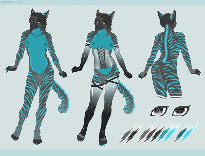 anthro blue_body blue_fur breasts clothing corset felid feline female fur grey_eyes kess_windpaw lingerie looking_at_viewer mammal markings nipples pantherine presenting reference_guide rubber rubber_clothing smile solo striped_markings stripes teasing tiger tigress_(disambiguation) topwear xngfng95