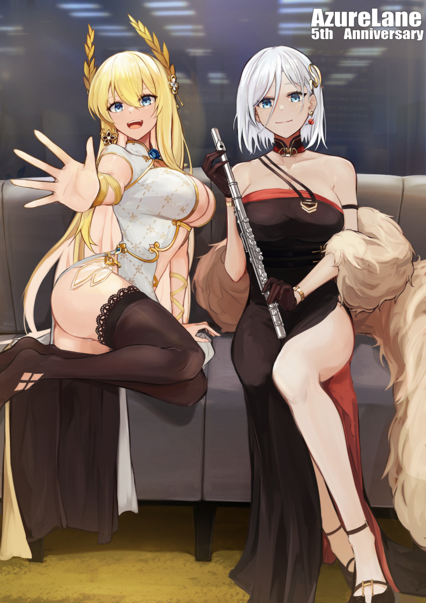 1girl arm_support azur_lane bare_shoulders black_dress black_thighhighs blonde_hair blue_eyes center_opening china_dress chinese_clothes detached_collar dress earrings evening_gown feather_boa flute hair_ornament head_wreath highres holding holding_instrument instrument jewelry laurel_crown long_hair marshall_k short_hair side_slit sitting thighhighs tirpitz_(a_vase_for_the_frost_flower)_(azur_lane) tirpitz_(azur_lane) very_long_hair victorious_(azur_lane) victorious_(guidance_of_the_spring_goddess)_(azur_lane) white_dress white_hair