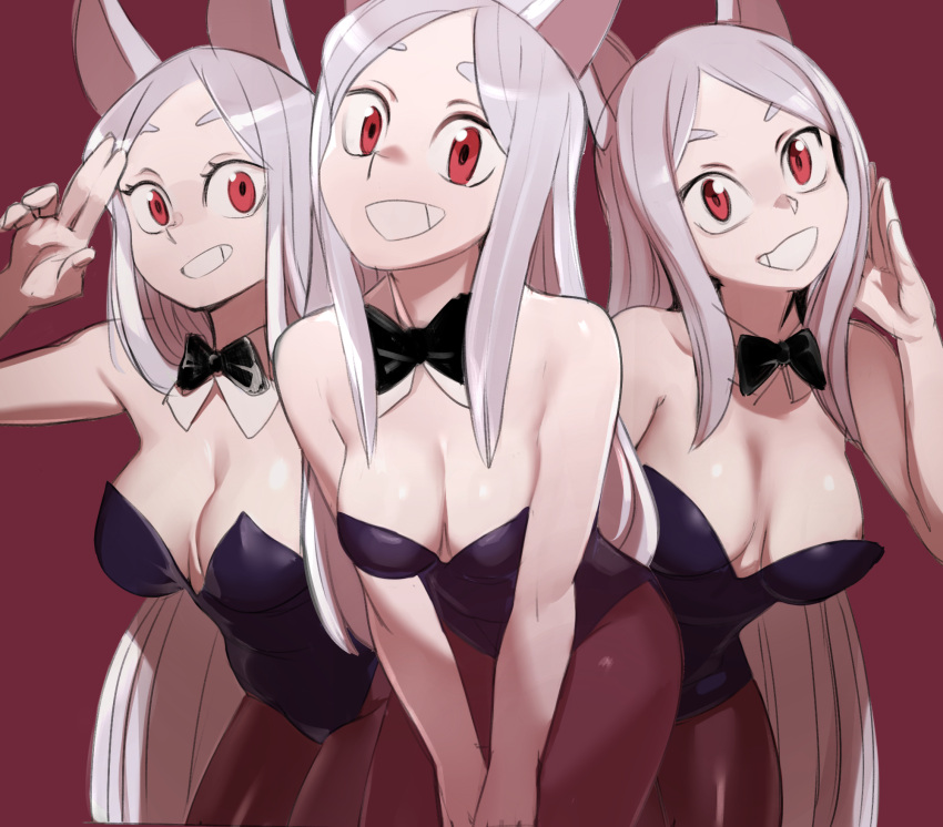 3girls animal_ears bare_arms bow bowtie breasts cerberus_(helltaker) detached_collar dog_ears grin helltaker highres leotard long_hair looking_at_viewer multiple_girls pantyhose playboy_bunny red_background red_eyes salute sho-n-d simple_background smile two-finger_salute white_hair wrist_cuffs