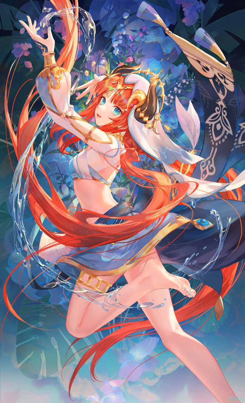 1girl arms_up atdan bangs bare_legs barefoot blue_eyes blue_nails blue_skirt crop_top feet floating_hair foot_out_of_frame genshin_impact highres horns long_hair long_sleeves low_twintails nail_polish nilou_(genshin_impact) open_mouth orange_hair puffy_long_sleeves puffy_sleeves revision skirt smile soles solo thighlet toenail_polish toenails toes twintails veil very_long_hair