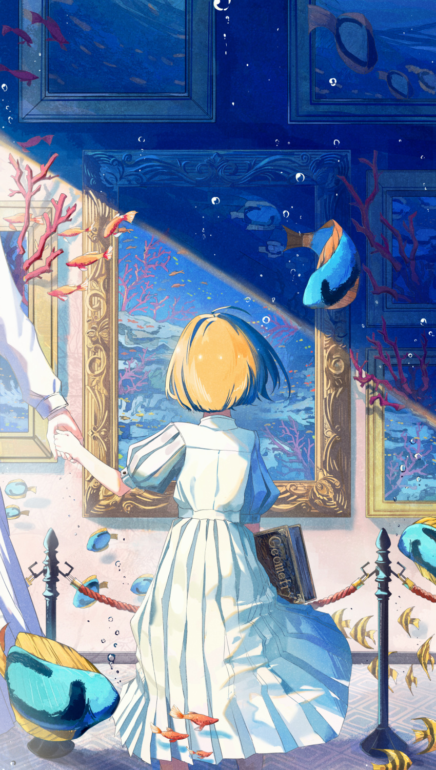 1girl ahoge air_bubble art_gallery blonde_hair blue_dress bob_cut book bubble collared_dress coral dress fish from_behind highres holding holding_book holding_hands indoors light looking_at_object moorish_idol original painting_(object) picture_(object) picture_frame puffy_short_sleeves puffy_sleeves shadow shi-ro short_hair short_sleeves size_difference stanchion standing tropical_fish underwater white_dress