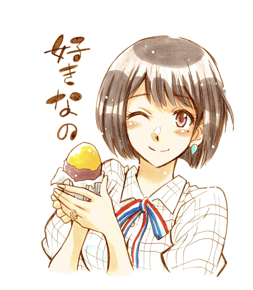 absurdres bangs black_hair blush closed_mouth collared_shirt earrings food hands_up hibike!_euphonium highres holding holding_food jewelry long_sleeves looking_at_viewer mole mole_under_eye nakaseko_kaori one_eye_closed red_eyes shirt short_hair sleeves_rolled_up smile sweet_potato waretaka white_shirt