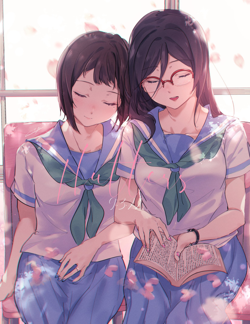 2girls bangs black_hair blue_sailor_collar blue_skirt bob_cut book brown_hair chair closed_eyes closed_mouth collarbone dated glasses green_neckerchief hand_up hibike!_euphonium highres holding holding_book indoors kitauji_high_school_uniform kuziaaizuk leaning_on_person long_hair multiple_girls nakaseko_kaori neckerchief open_mouth petals pleated_skirt red-framed_eyewear sailor_collar school_uniform semi-rimless_eyewear serafuku shirt short_hair short_sleeves sitting skirt smile tanaka_asuka under-rim_eyewear uniform watch white_shirt window