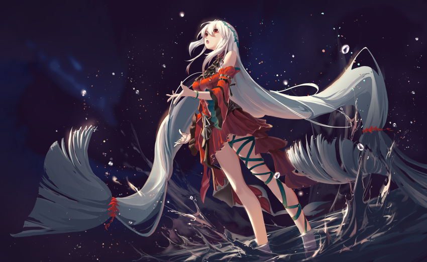 1girl :o absurdly_long_hair absurdres arknights ascot bangs bare_shoulders beancake black_ascot bracelet breasts detached_sleeves dress green_ribbon grey_hair hair_between_eyes highres jewelry leg_ribbon long_hair long_sleeves looking_away looking_up low-tied_long_hair medium_breasts night night_sky open_mouth outdoors red_eyes red_skirt ribbon short_dress skadi_(arknights) skadi_the_corrupting_heart_(arknights) skirt sky solo splashing standing very_long_hair wading water water_drop wide_sleeves