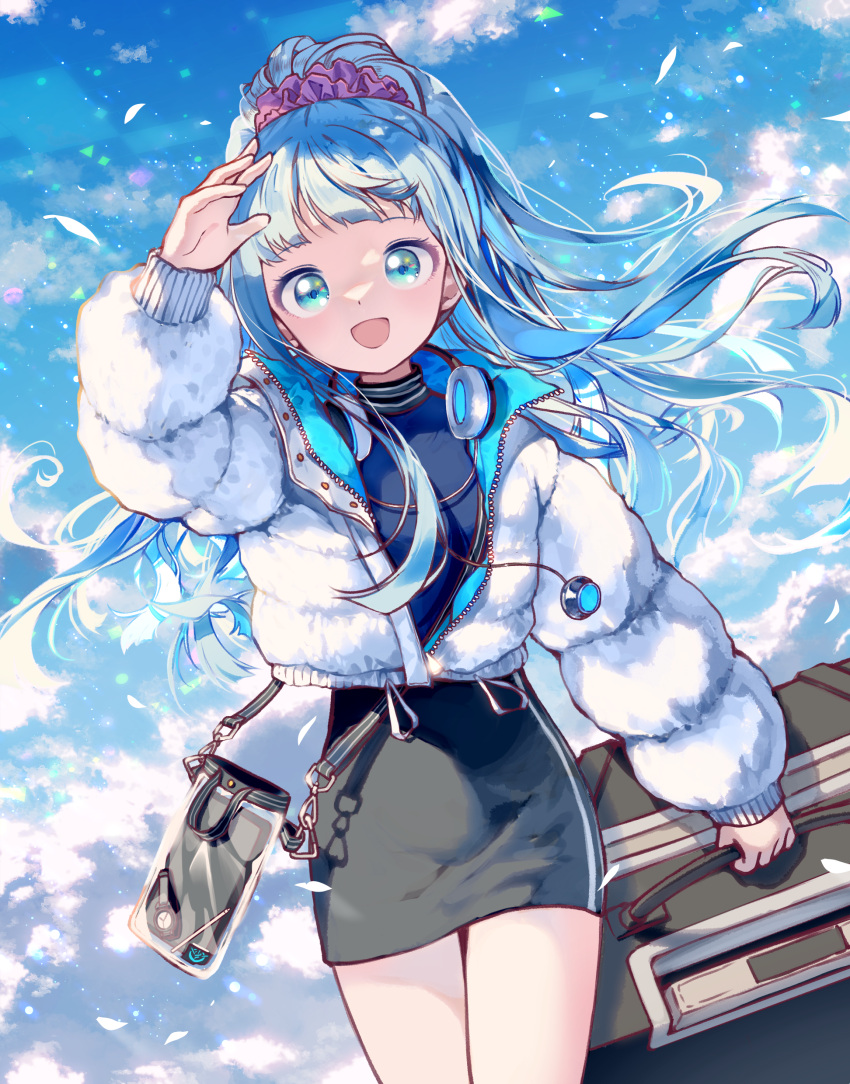 1girl :d absurdres alice_fiction arm_up black_skirt blue_eyes blue_hair blue_shirt blue_sky character_request cloud commentary day hair_ornament hair_scrunchie headphones headphones_around_neck highres holding jacket long_hair long_sleeves looking_at_viewer mechuragi open_clothes open_jacket outdoors ponytail puffy_long_sleeves puffy_sleeves purple_scrunchie scrunchie shirt skirt sky smile solo suitcase very_long_hair white_jacket