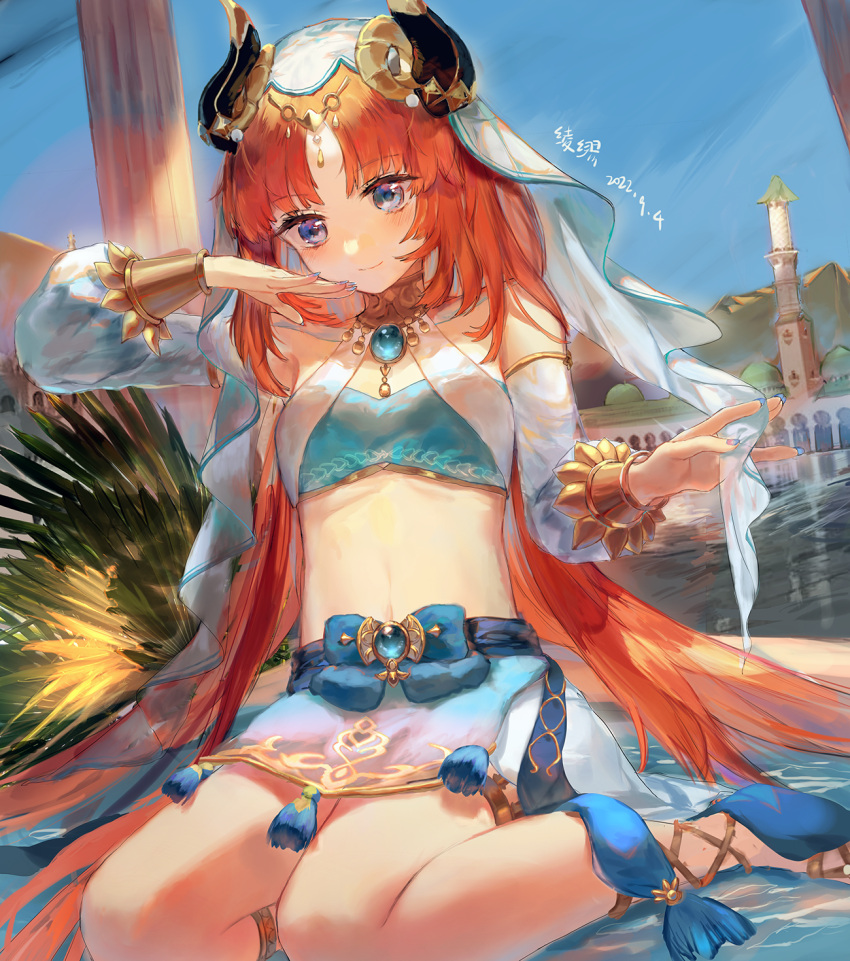 1girl bangs blue_bow blue_eyes blush bow breasts brooch closed_mouth crop_top detached_sleeves forehead_jewel genshin_impact gladiator_sandals gold_footwear gold_trim highres holding horns jewelry ling_mou long_hair long_sleeves looking_down low_twintails neck_ring nilou_(genshin_impact) outdoors parted_bangs red_hair sandals sitting skirt small_breasts smile solo stomach thighs twintails vambraces veil vision_(genshin_impact) water