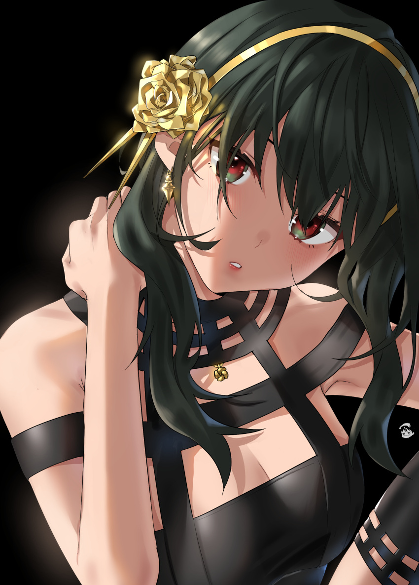 1girl absurdres black_background black_dress black_hair breasts cleavage dress earrings flower gold_hairband golden_rose hair_between_eyes hair_flower hair_ornament hair_stick hand_on_own_neck hievasp highres jewelry large_breasts looking_at_viewer parted_lips red_eyes rose short_hair_with_long_locks sidelocks simple_background sleeveless sleeveless_dress solo spy_x_family upper_body yor_briar