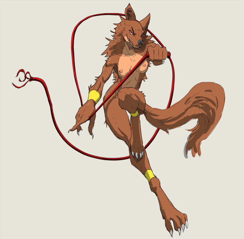 2022 4_toes 5_fingers action_pose anklet anthro black_nose bracelet breasts brown_body brown_fur canid canine claws digitigrade feet female finger_claws fingers front_view fur grey_background half-closed_eyes hi_res holding_object holding_weapon holding_whip jewelry looking_at_viewer mammal medium_breasts minnah_mannarah narrowed_eyes nipples nude pink_nipples pose red_eyes scuotivento simple_background smile smirk solo tan_body tan_fur toe_claws toes vampire_survivors weapon were werecanid werecanine werewolf whip white_claws