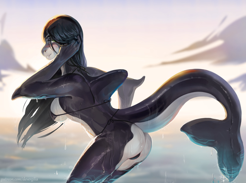2022 adjusting_hair anthro bikini black_bikini black_bikini_bottom black_bikini_top black_body black_clothing black_hair black_swimwear breasts butt cetacean clothing cloud day delphinoid devergilia digital_media_(artwork) female fin hair looking_at_viewer mammal marine oceanic_dolphin orca outside side_view smile solo swimwear toothed_whale water wet white_body