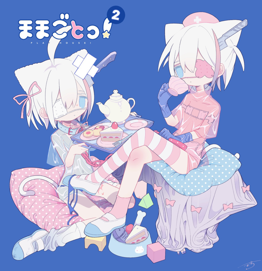 3girls ahoge animal_ears asymmetrical_legwear bangs bikini bikini_top_removed bikini_under_clothes blue_background blue_bikini blue_collar blue_eyes blue_gloves blue_nails bone bowl cake cake_slice cat_ears cat_girl cat_tail chain chain_leash collar colored_eyepatch commentary cookie crossed_legs cup cushion dress extra_ears eyepatch fish food fork gloves hair_ribbon hat high_collar highres holding holding_cup holding_leash holding_tray human_chair human_furniture japanese_clothes kimono knife_in_head leash looking_at_viewer loose_socks medical_eyepatch mismatched_legwear multicolored_hair multiple_girls navel nurse_cap one_eye_covered original outo_eguchi parted_lips pet_bowl pink_dress pink_headwear pink_ribbon pink_socks pink_thighhighs plate ribbon saucer see-through_kimono shoes short_dress short_hair short_kimono short_sleeves signature simple_background single_thighhigh sitting sitting_on_person socks strawberry_shortcake streaked_hair striped striped_thighhighs sweat swimsuit tail teacup teapot thighhighs thumbprint_cookie toy_block tray uneven_legwear uwabaki wariza white_footwear white_hair white_socks