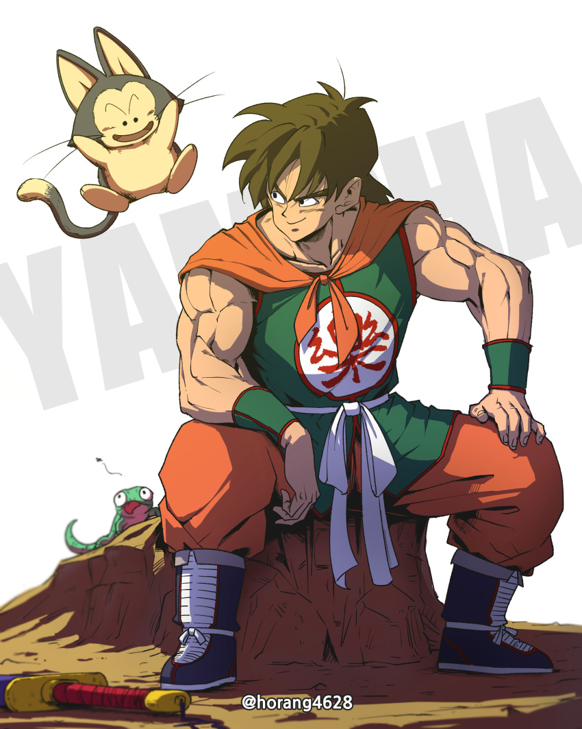 1boy absurdres animal brown_hair bruise bruised_eye bug character_name closed_mouth creature dragon_ball dragon_ball_(classic) floating fly green_wristband hair_between_eyes hand_on_own_knee hatching_(texture) highres horang4628 injury lizard male_focus muscular muscular_male open_mouth puar scabbard sheath sheathed sitting smile sword tongue tongue_out twitter_username weapon wristband yamcha