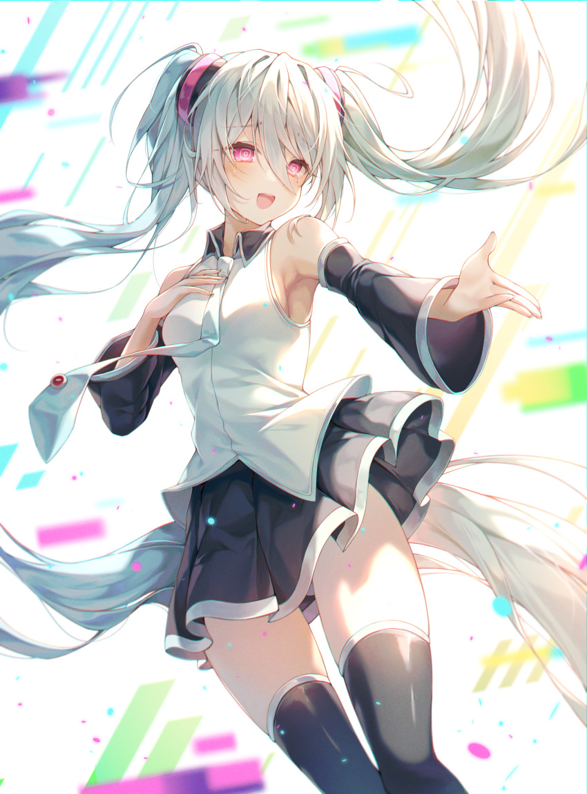 1girl :d @_@ absurdres aisarenakute_mo_kimi_ga_iru_(vocaloid) aqua_hair aqua_necktie aran_(aran0127) armpit_peek bangs bare_shoulders black_skirt black_sleeves black_thighhighs blurry blurry_background blush collared_shirt commentary_request crying crying_with_eyes_open detached_sleeves eyelashes feet_out_of_frame floating_hair glitch hair_between_eyes hair_ornament hand_on_own_chest hand_up hatsune_miku highres light long_hair long_sleeves miniskirt necktie open_mouth outstretched_hand pink_eyes pleated_skirt raised_eyebrows reaching shiny shiny_hair shirt sidelocks skirt sleeveless sleeveless_shirt smile solo standing tears thighhighs very_long_hair vocaloid white_background white_shirt wing_collar zettai_ryouiki