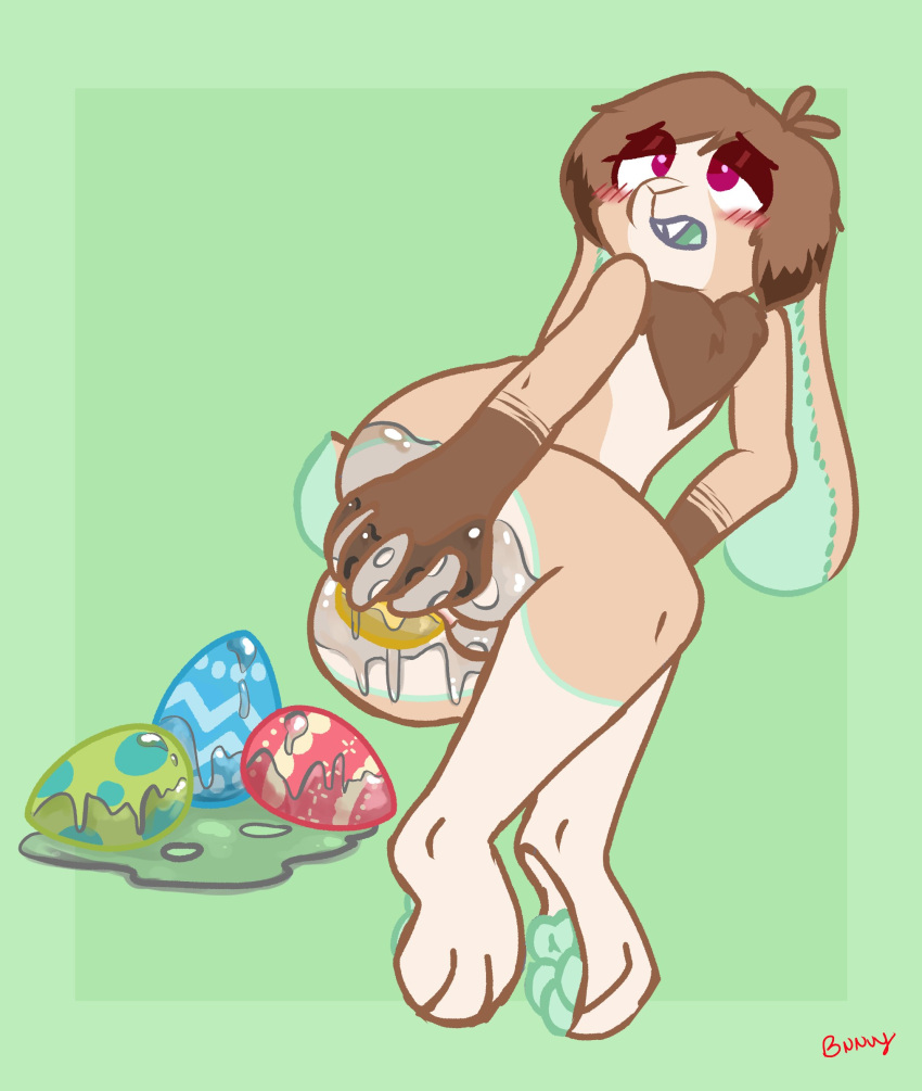 2022 ambiguous_fluids anthro blush chest_tuft droopy_eyes easter easter_egg egg floppy_ears hi_res holidays lagomorph leporid long_ears lucentleader male mammal oviposition pawpads paws rabbit solo solo_focus sunny_(lucentleader) tuft