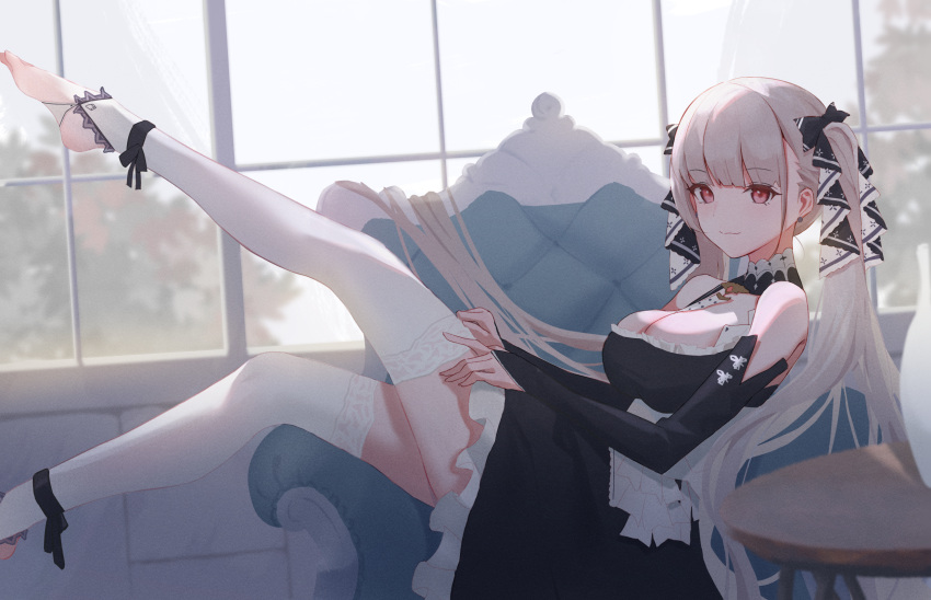 1girl azur_lane bare_shoulders between_breasts black_dress black_ribbon breasts cleavage clothing_cutout couch day dress foot_out_of_frame formidable_(azur_lane) frilled_dress frills from_side grey_hair hair_ribbon highres indoors lace-trimmed_thighhighs large_breasts long_hair looking_at_viewer looking_to_the_side lying necktie necktie_between_breasts on_back on_couch red_eyes ribbon round_table shoulder_cutout solo table thighhighs twintails two-tone_dress two-tone_ribbon very_long_hair wesly2300 white_dress white_ribbon white_thighhighs window wooden_table