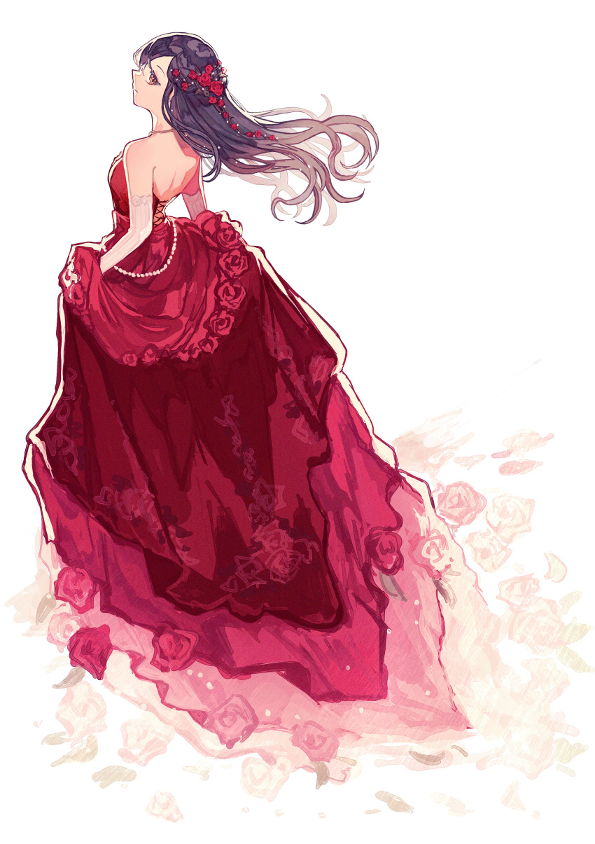 1girl absurdres bare_back bare_shoulders black_hair braid commentary dress dress_flower elbow_gloves evening_gown flower gloves gradient_hair hair_flower hair_ornament highres holding holding_clothes holding_skirt long_hair looking_at_viewer looking_back multicolored_hair project_sekai red_dress red_flower red_hair red_rose rose shiraishi_an skirt solo strapless strapless_dress white_background white_gloves yellow_eyes yo_da_hnt
