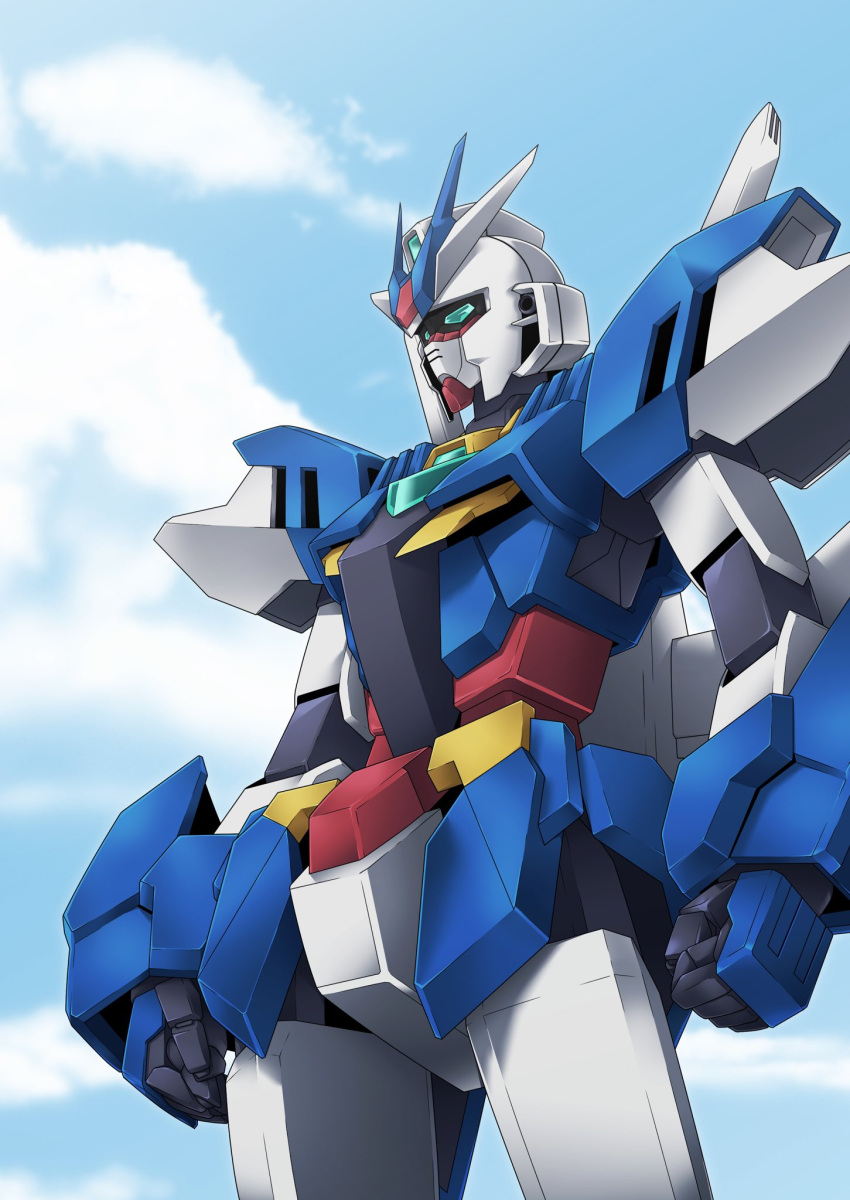 clenched_hands cloud earthree_gundam english_commentary green_eyes gundam gundam_build_divers gundam_build_divers_re:rise highres looking_at_viewer mecha mobile_suit no_humans robot science sky solo v-fin yuuyatails