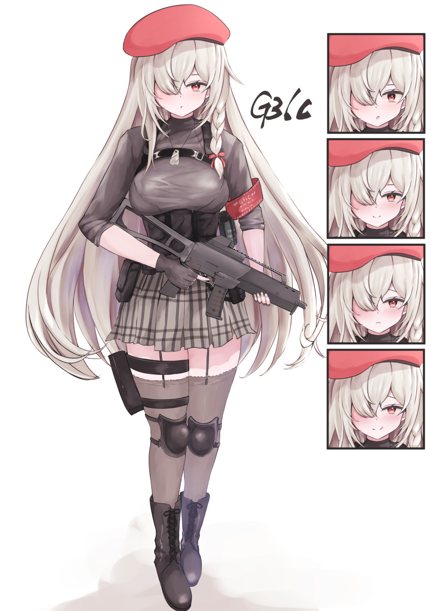 1girl absurdres armband beret black_gloves black_shirt blush boots character_name dog_tags expressions fingerless_gloves full_body g36c_(girls'_frontline) girls'_frontline gloves grey_hair gun h&amp;k_g36c hair_over_one_eye hat highres holding holding_gun holding_weapon holster knee_pads looking_at_viewer plaid plaid_skirt pleated_skirt red_eyes red_headwear see-through see-through_legwear shirt simple_background skirt solo standing submachine_gun thigh_holster thighhighs weapon white_background yoshi-j