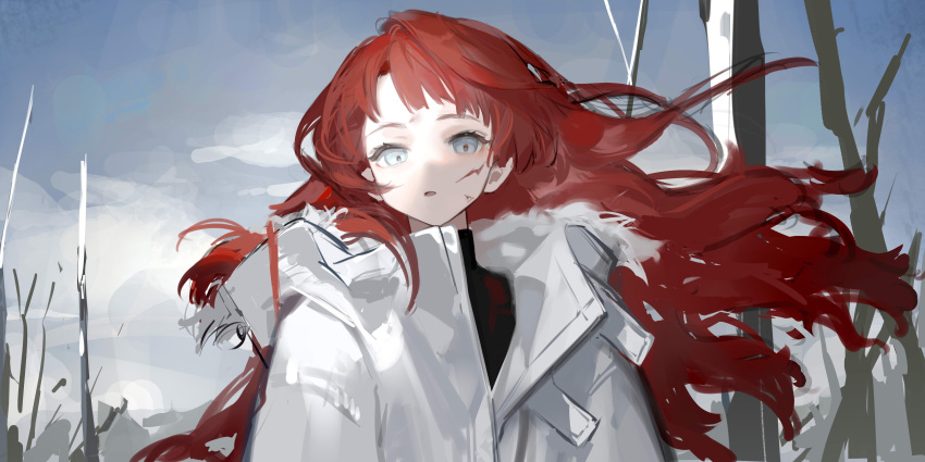 :o absurdres bangs bare_tree black_shirt blank_stare blood blood_on_face cloud cloudy_sky coat eyelashes fur_trim grey_eyes hair_blowing highres iris_yi long_hair looking_at_viewer original pale_skin red_hair shadow shirt sketch sky strap tree turtleneck white_coat