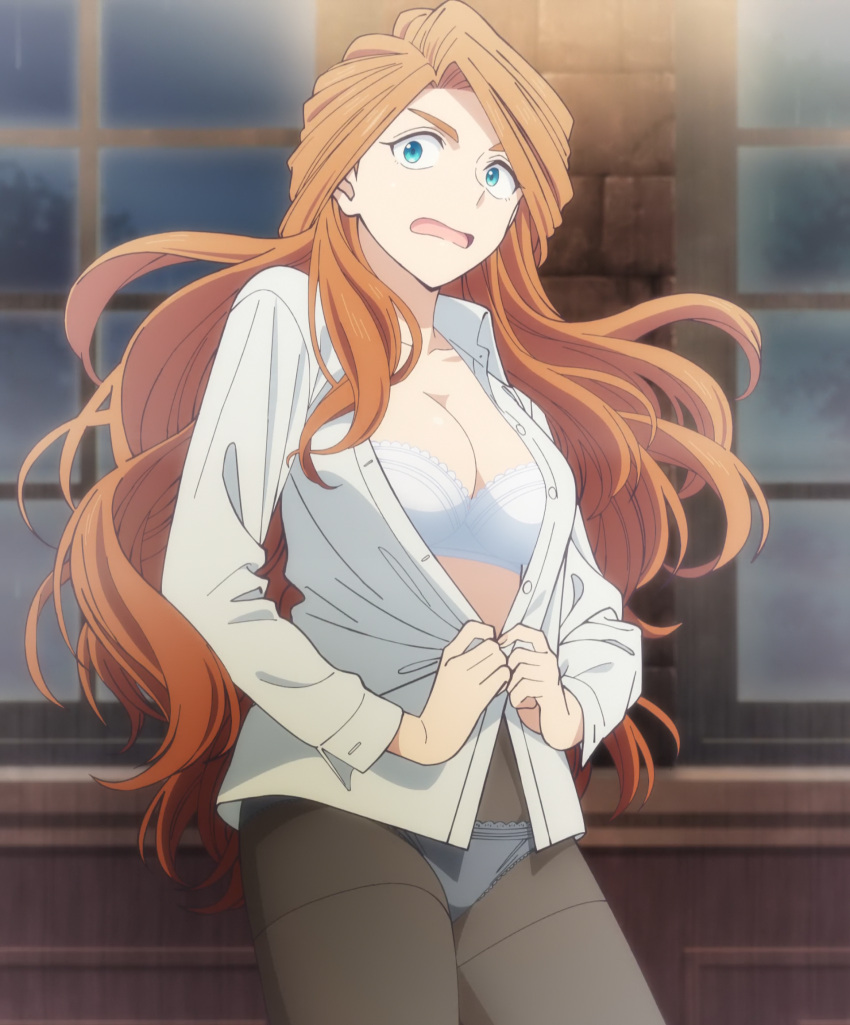 accidental_exposure anime_screencap black_pantyhose blue_eyes bra breasts highres jessica_schwartz kinsou_no_vermeil long_hair looking_at_viewer open_clothes open_mouth open_shirt orange_hair panties panties_under_pantyhose pantyhose shirt stitched third-party_source unbuttoned underwear undressing white_bra white_panties white_shirt window