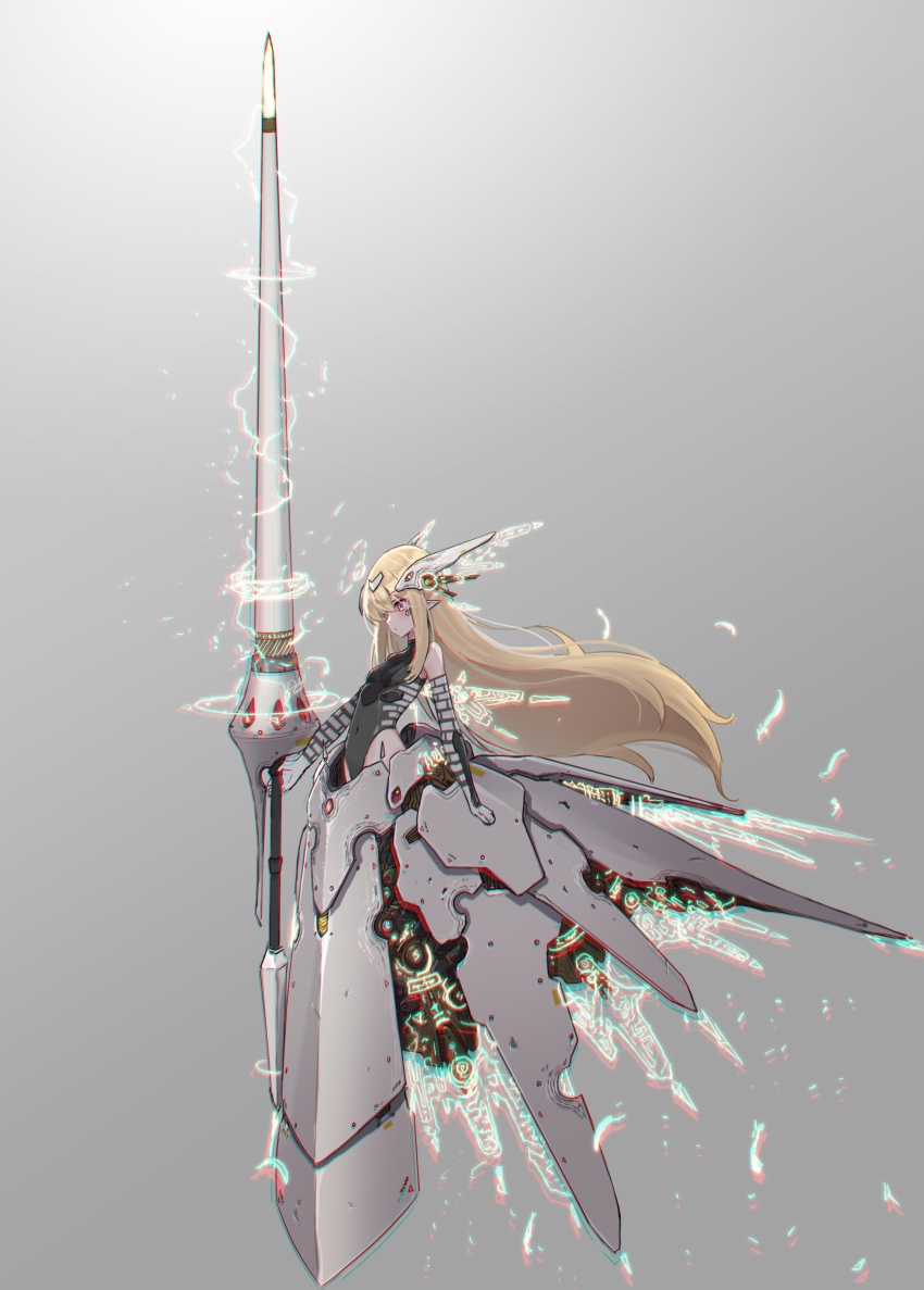 1girl absurdres blonde_hair breasts expressionless feathers full_body halo highres lance long_hair oota_youjo original pointy_ears polearm red_eyes small_breasts solo very_long_hair weapon