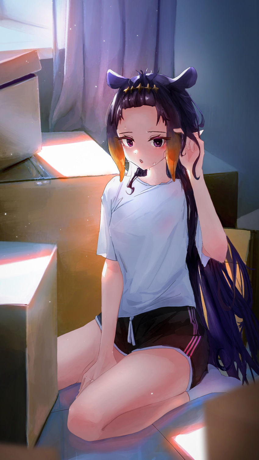 1girl :o absurdres alternate_costume bangs bangs_pinned_back black_shorts box cardboard_box dolphin_shorts gradient_hair greedice hand_in_own_hair hand_up highres hololive hololive_english indoors kneeling light long_hair looking_at_viewer mole mole_under_eye multicolored_hair ninomae_ina'nis open_mouth orange_hair pointy_ears purple_eyes purple_hair shirt shorts sidelocks solo sweat t-shirt tentacle_hair very_long_hair virtual_youtuber white_shirt window
