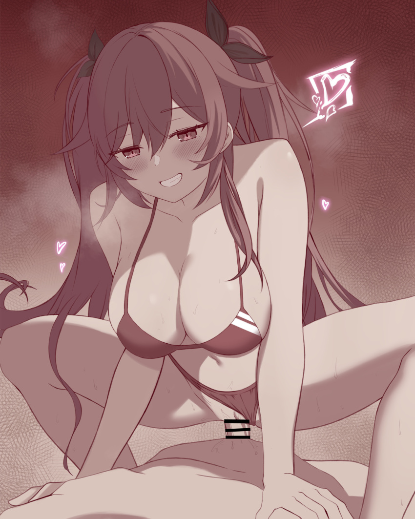 1boy 1girl absurdres bangs bar_censor bikini bikini_aside blush breasts censored cleavage clothing_aside collarbone genshin_impact grin hair_ornament hetero highres hu_tao_(genshin_impact) large_breasts long_hair looking_at_another nannann parted_lips penis sex smile squatting_cowgirl_position swimsuit teeth twintails vaginal