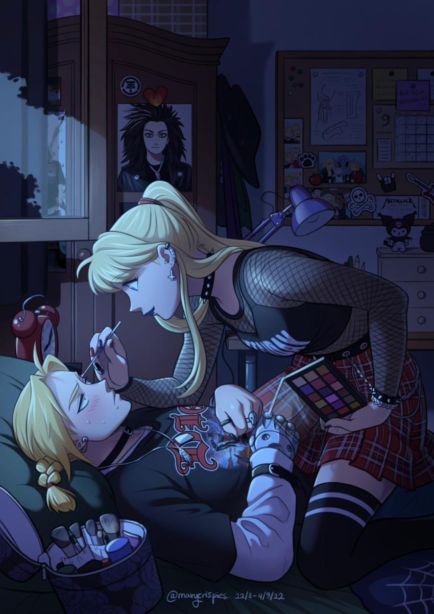 1boy 1girl absurdres applying_makeup bedroom black_nails black_shirt blonde_hair blue_lips blush bracelet braid clock collar dio_(band) edward_elric eye_contact eyeshadow fishnets fullmetal_alchemist girl_on_top highres jewelry lipstick long_hair looking_at_another lying makeup marycrispies mechanical_hands nail_polish necklace on_back photo_(object) pleated_skirt ponytail red_nails ring shirt single_mechanical_hand skirt spiked_bracelet spiked_collar spikes thighhighs window winry_rockbell yellow_eyes