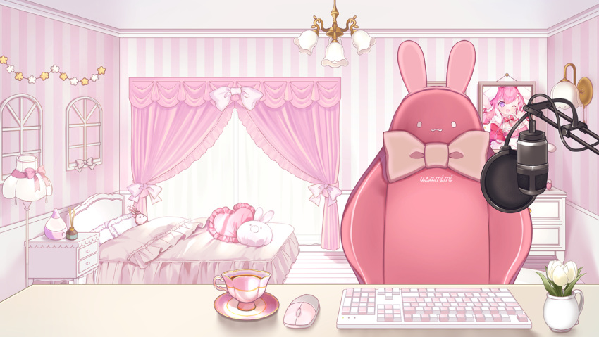 bed bow ceiling_light chair copyright_request cup curtains day desk flat_screen_tv floor_lamp flower frilled_pillow frills heart heart_pillow indoors keyboard_(computer) microphone mouse_(computer) office_chair pillow saucer striped stuffed_animal stuffed_bunny stuffed_toy sunlight suzuhara_(13yuuno) tea teacup television tulip vertical_stripes virtual_youtuber wall_lamp white_bow white_flower window wooden_floor