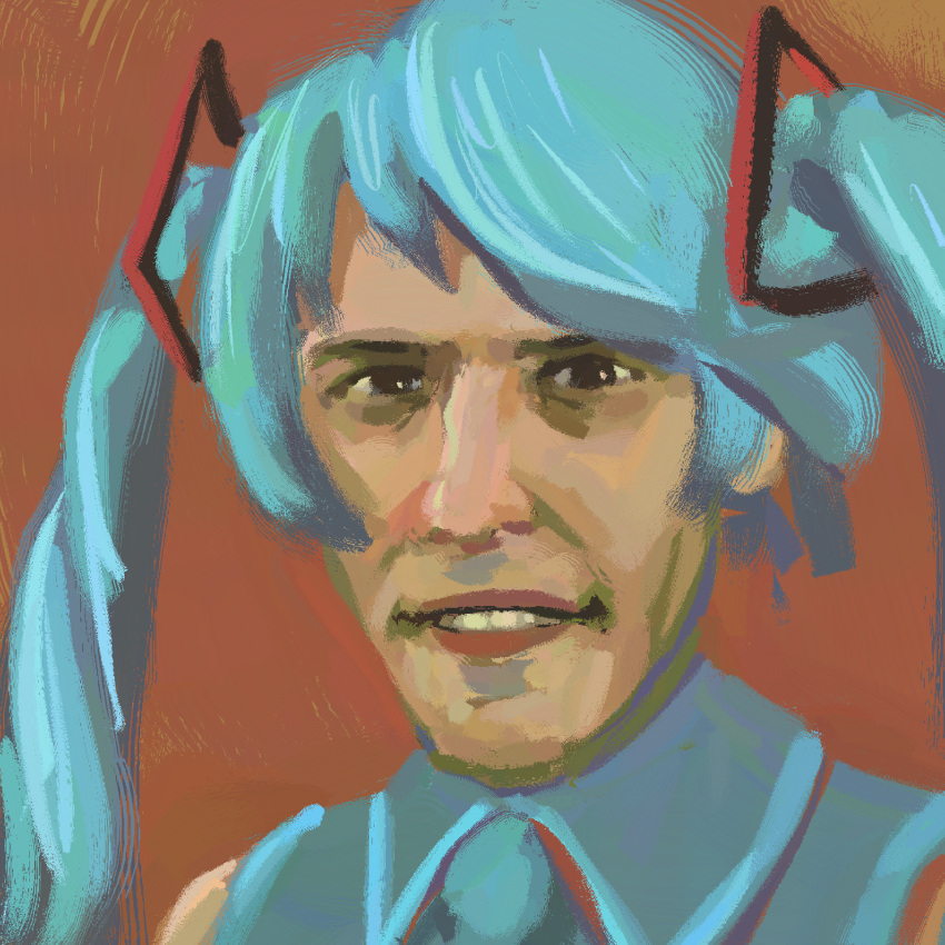 1boy aqua_hair brown_background brown_eyes collared_shirt cosplay crossdressing english_commentary gooseygang hatsune_miku hatsune_miku_(cosplay) highres jerma985 jerma985_(person) looking_at_viewer open_mouth portrait real_life shirt sleeveless sleeveless_shirt teeth twintails vocaloid