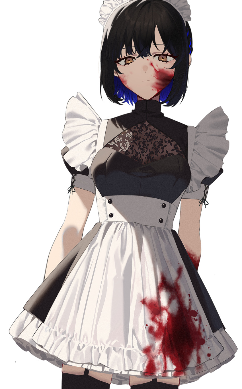 1girl 2l_(2lsize) absurdres apron arms_behind_back bangs black_dress black_garter_straps black_hair black_thighhighs blood blood_on_clothes blood_on_face blue_hair breasts brown_hair closed_mouth colored_inner_hair commentary_request cowboy_shot dress expressionless highres looking_at_viewer maid maid_headdress medium_breasts multicolored_hair original short_hair short_sleeves simple_background solo standing thighhighs white_apron white_background