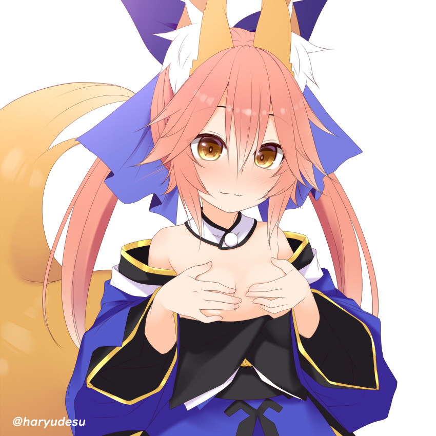 1girl animal_ear_fluff animal_ears blue_bow blue_kimono blush bow breasts breasts_out brown_eyes covering covering_breasts detached_collar detached_sleeves fate/grand_order fate_(series) fox_ears fox_girl fox_tail hair_between_eyes hair_bow haryuu_(poetto) highres japanese_clothes kimono long_hair pink_hair small_breasts solo split_ponytail tail tamamo_(fate) tamamo_no_mae_(fate/extra) upper_body