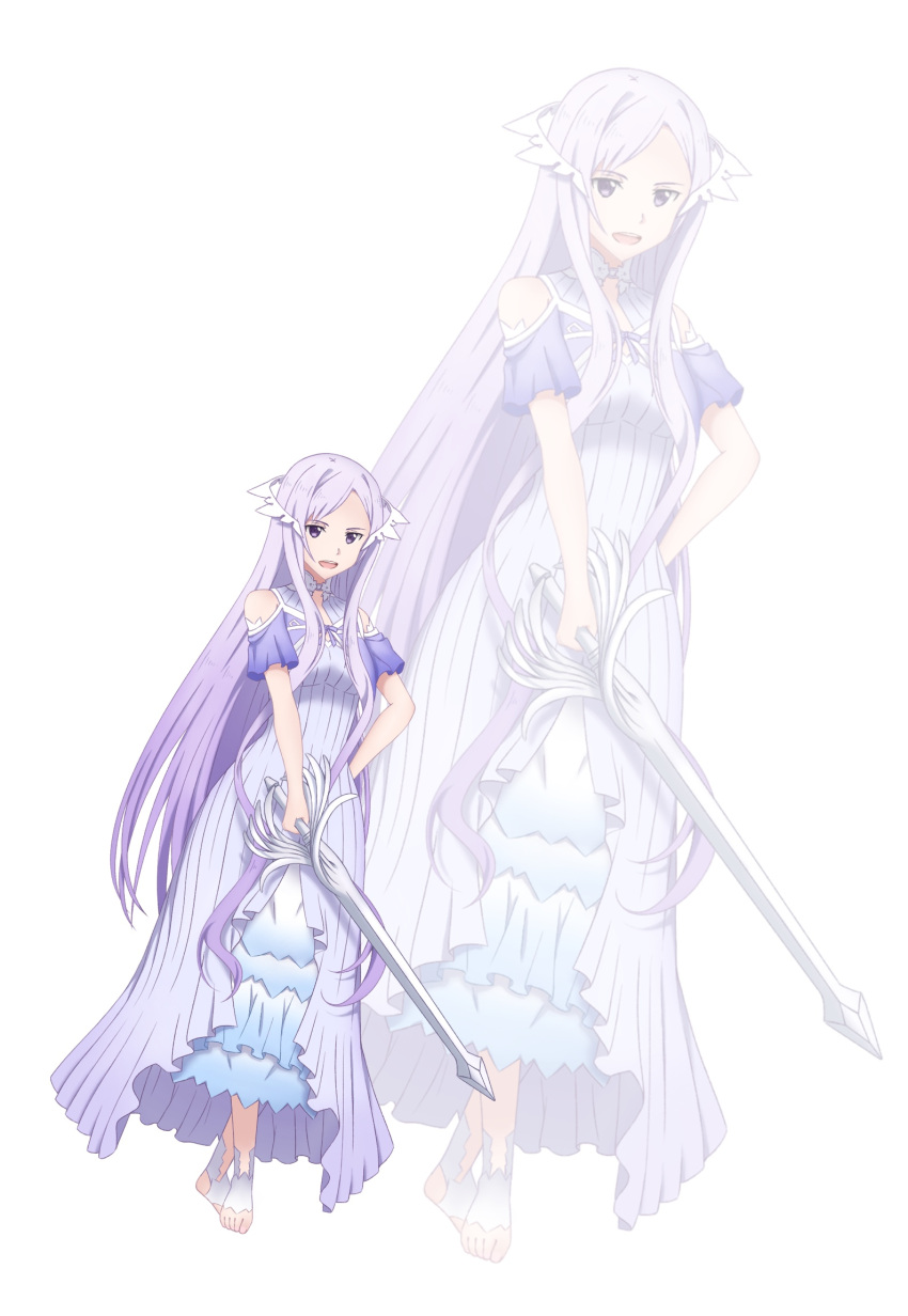 1girl bare_shoulders barefoot detached_sleeves dress feet hair_over_crotch highres holding holding_sword holding_weapon long_hair long_skirt looking_at_viewer no_shoes open_mouth peri_(qq2748089832) purple_dress purple_eyes purple_hair quinella skirt sword sword_art_online sword_art_online:_alicization very_long_hair weapon