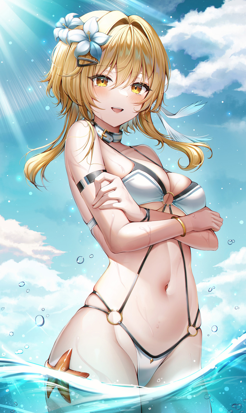 1girl :d alternate_costume arm_strap bangs bare_shoulders belt_collar bikini blonde_hair blue_sky blush breasts cleavage cloud collar cowboy_shot crossed_arms day feather_hair_ornament feathers flower genshin_impact groin hair_between_eyes hair_flower hair_ornament highres lily_(flower) looking_at_viewer lumine_(genshin_impact) medium_breasts navel o-ring outdoors parted_lips partially_underwater_shot short_hair_with_long_locks sidelocks skindentation sky smile solo starfish stomach sunlight swimsuit teeth thighs upper_teeth wading water water_drop wet white_bikini white_flower wol_(wol_927) yellow_eyes