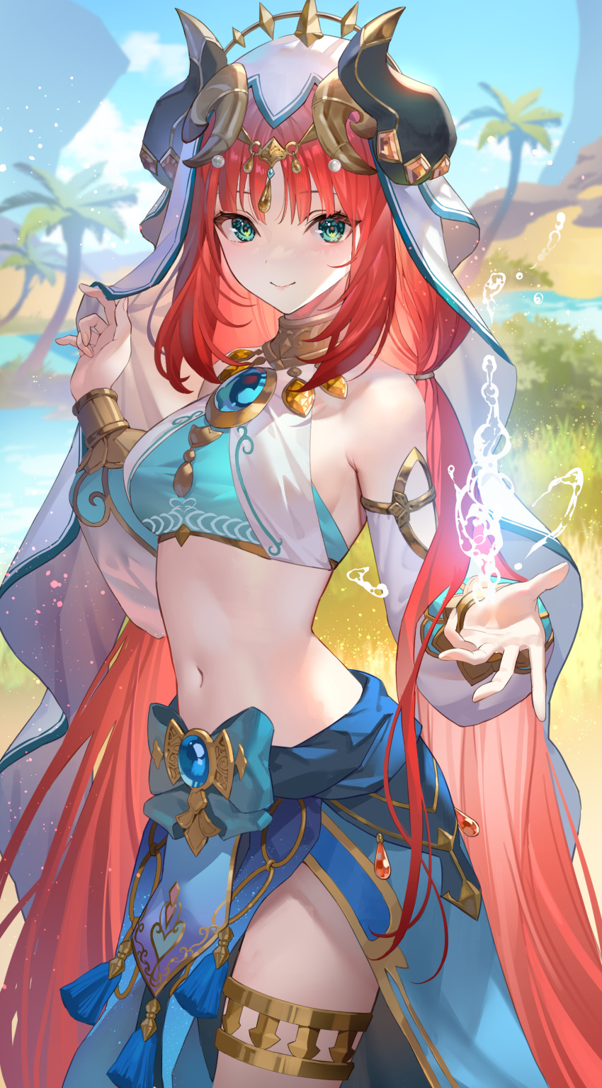1girl absurdres bangs bare_shoulders blue_bow blue_gemstone blue_skirt blue_sky blush bow breasts closed_mouth cowboy_shot crop_top day detached_sleeves forehead_jewel gem genshin_impact gold_trim grass green_eyes hand_up harem_outfit highres horns jewelry long_hair long_sleeves looking_at_viewer low_twintails navel neck_ring nilou_(genshin_impact) outdoors outstretched_hand palm_tree parted_bangs pelvic_curtain puffy_long_sleeves puffy_sleeves red_gemstone red_hair shirt skirt sky sleeveless sleeveless_shirt small_breasts smile solo standing stomach teffish thighlet thighs tree twintails vambraces veil very_long_hair vision_(genshin_impact) water water_drop white_headdress
