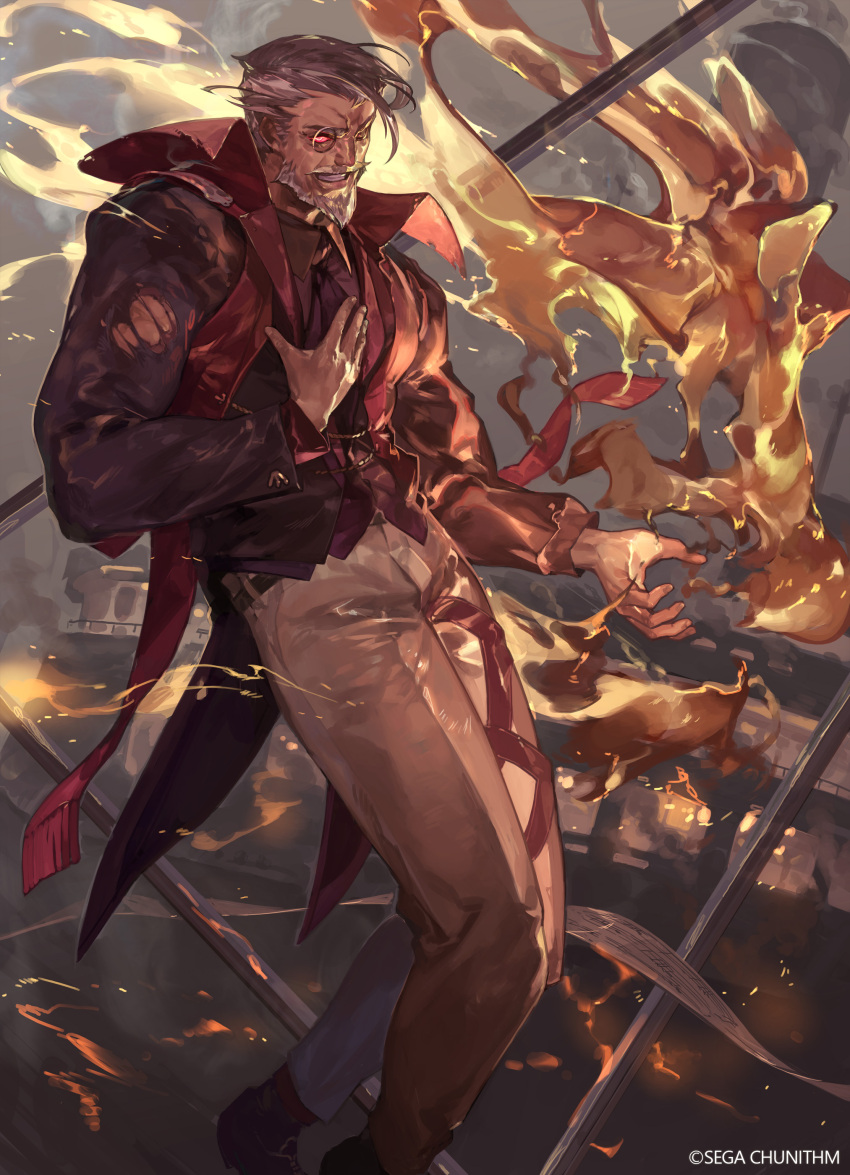 1boy absurdres beard brown_pants chunithm copyright_name facial_hair fire grey_hair grin highres long_sleeves male_focus mustache old old_man outdoors pants red_eyes smile so-taro solo standing torn_clothes vest