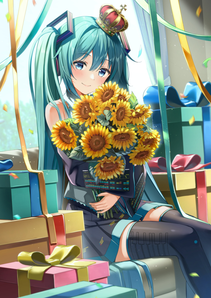 1girl aqua_hair bangs banned_artist black_skirt black_sleeves black_thighhighs blue_eyes blush box closed_mouth commentary_request confetti curtains day detached_sleeves feet_out_of_frame flower gift gift_box hair_between_eyes hatsune_miku highres indoors long_sleeves object_hug pleated_skirt skirt smile solo sunflower thighhighs twintails vocaloid wide_sleeves window yellow_flower yuuka_nonoko