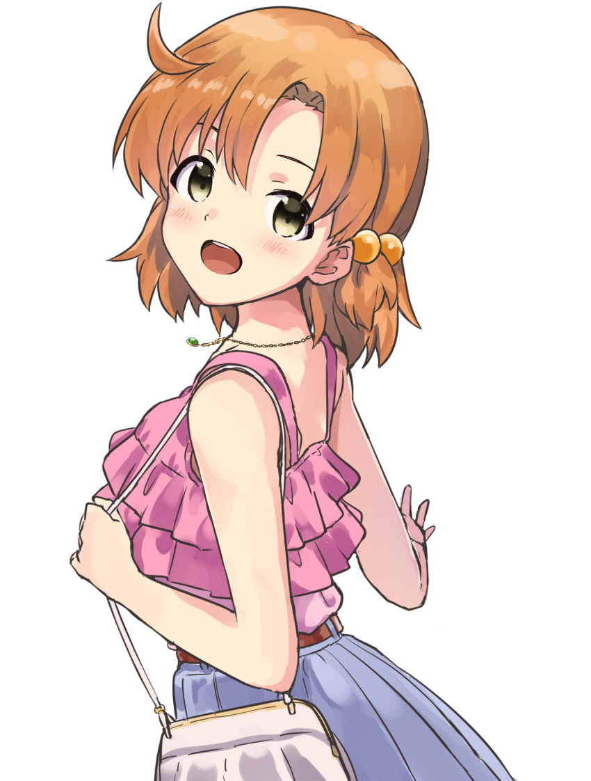 1girl ahoge bag bangs belt belted_skirt blue_skirt blush brown_belt commentary_request dora_galapagos frilled_shirt frills hair_bobbles hair_ornament hands_up highres idolmaster idolmaster_million_live! jewelry looking_back necklace open_mouth orange_hair pink_shirt pleated_skirt shirt short_hair shoulder_bag skirt sleeveless sleeveless_shirt smile solo teeth upper_body upper_teeth white_background white_bag yabuki_kana yellow_eyes