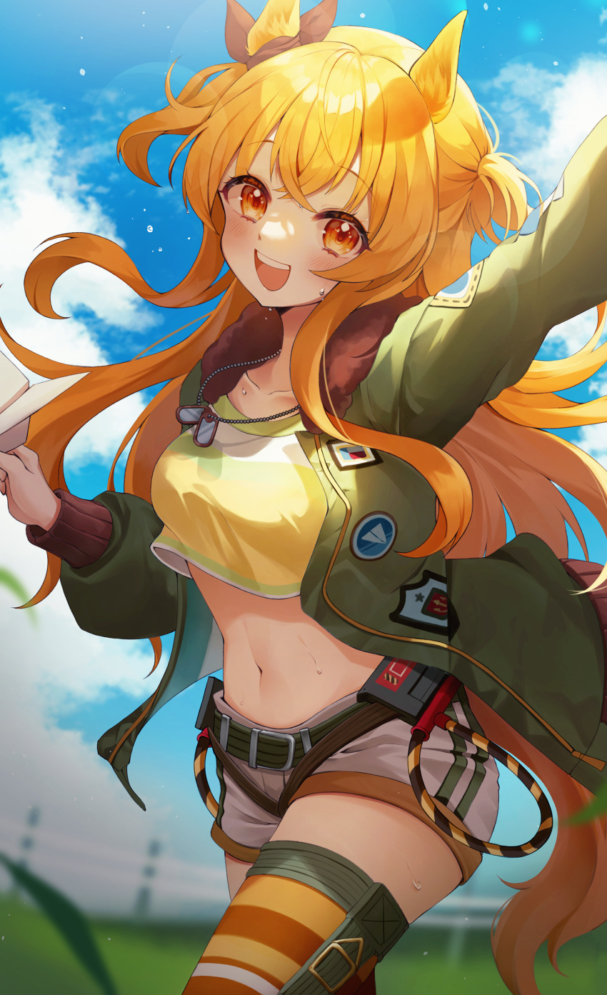 1girl :d absurdres animal_ears arm_up bangs black_ribbon blue_sky blush bomber_jacket breasts brown_thighhighs cloud collarbone commentary cowboy_shot crop_top day dog_tags ear_ribbon grass green_belt green_jacket hair_between_eyes highres holding_paper_airplane horse_ears horse_girl horse_tail jacket lens_flare long_hair long_sleeves looking_at_viewer mayano_top_gun_(umamusume) medium_breasts midriff navel open_clothes open_jacket open_mouth orange_eyes orange_hair outdoors paper_airplane ribbon shirt short_shorts shorts sidelocks sky smile solo standing sweat tail teeth thighhighs two_side_up umamusume upper_teeth white_shorts yellow_shirt zero_(p1ngdrum)