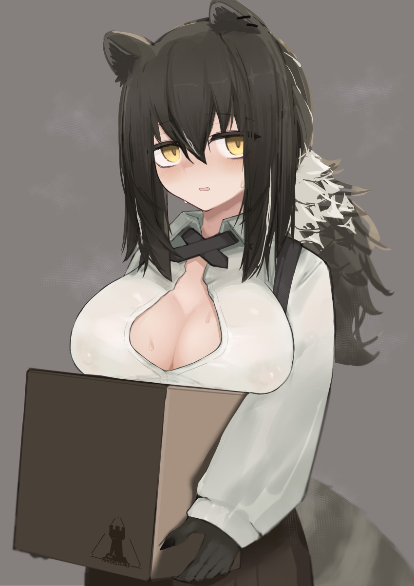1girl animal_ears arknights bangs black_hair black_skin blush box breast_rest breasts cardboard_box carried_breast_rest carrying cleavage colored_skin cow grey_background hair_between_eyes highres kitorakito large_breasts long_hair long_sleeves looking_at_viewer no_bra open_mouth ponytail raccoon_ears raccoon_girl raccoon_tail rhodes_island_logo robin_(arknights) shirt simple_background solo tail white_shirt yellow_eyes