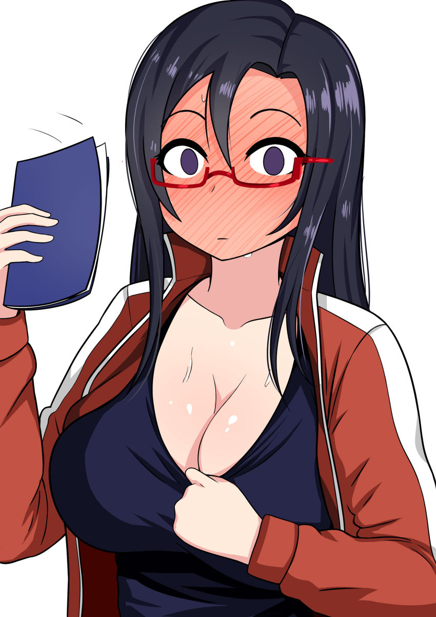 0_0 1girl absurdres alternate_hairstyle black_hair blush breasts cleavage demi-chan_wa_kataritai embarrassed full-face_blush highres huge_breasts in_heat long_hair looking_at_viewer motion_lines notebook purple_eyes red-framed_eyewear satou_sakie sportswear sweat the_only_shoe upper_body white_background